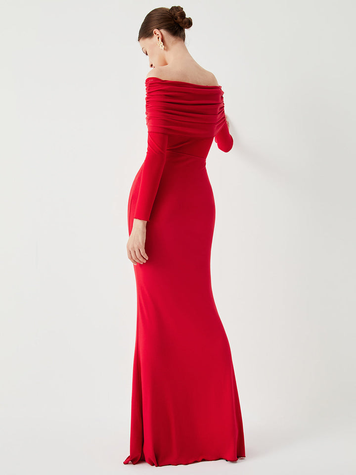 Semi-Sheer Off-Shoulder Mesh Long Sleeve Long Dress