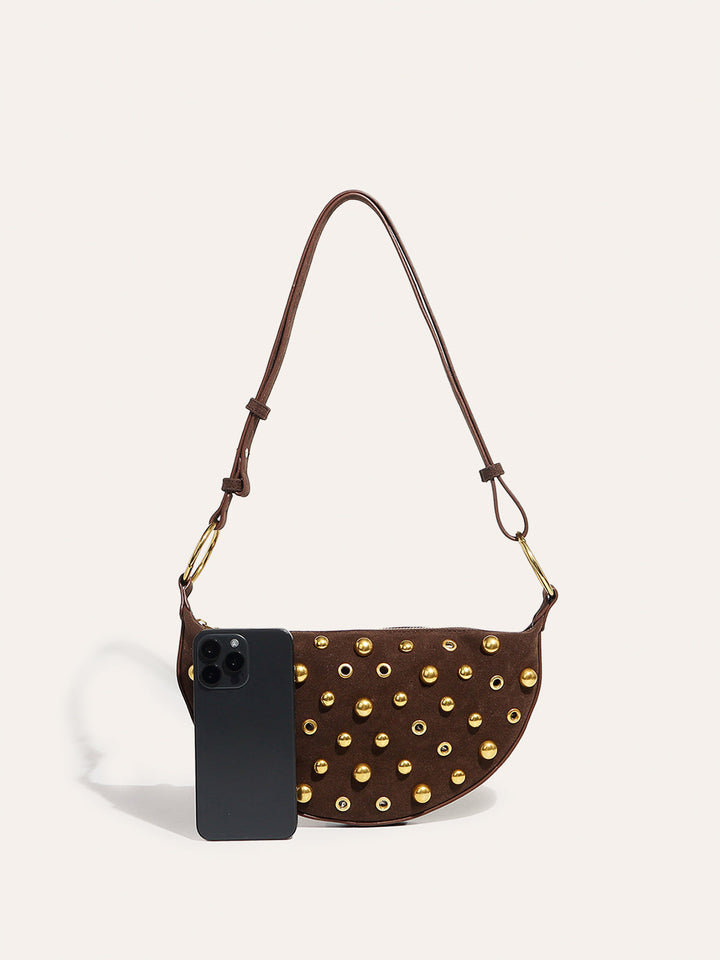 Suede Effect Studded Half-Moon Shoulder Bag