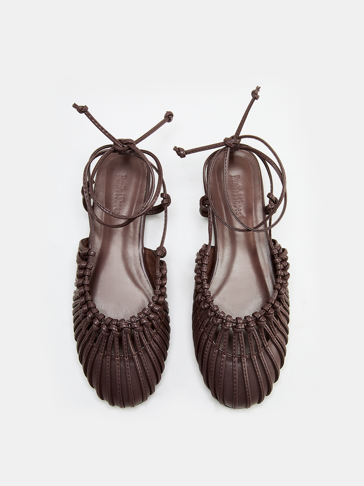 Leather Woven Lace-Up Flat Sandals