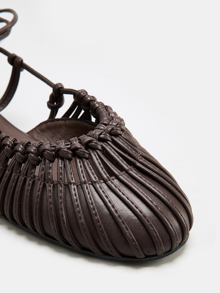 Leather Woven Lace-Up Flat Sandals