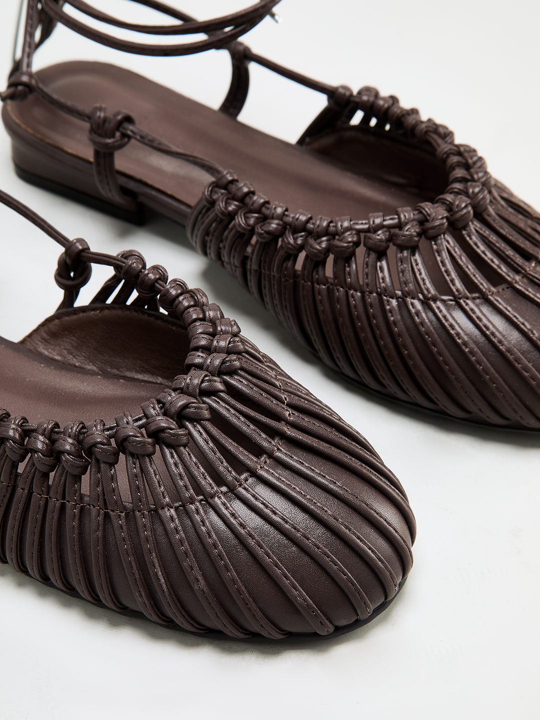 Leather Woven Lace-Up Flat Sandals