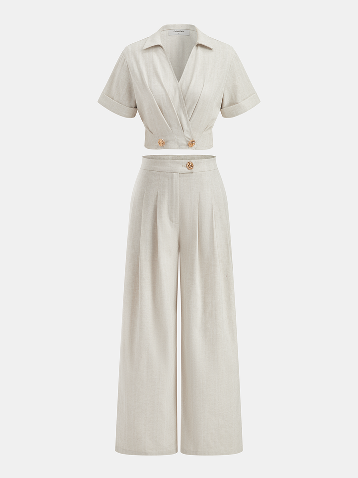 Cotton Linen Crop Top & Pleated Pants Set